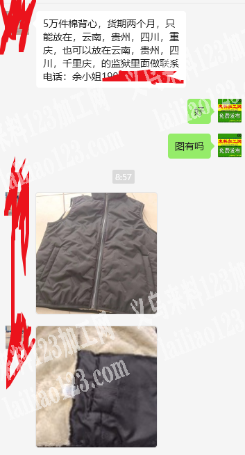 5万件棉背心，可发监狱，货期两个月，只能