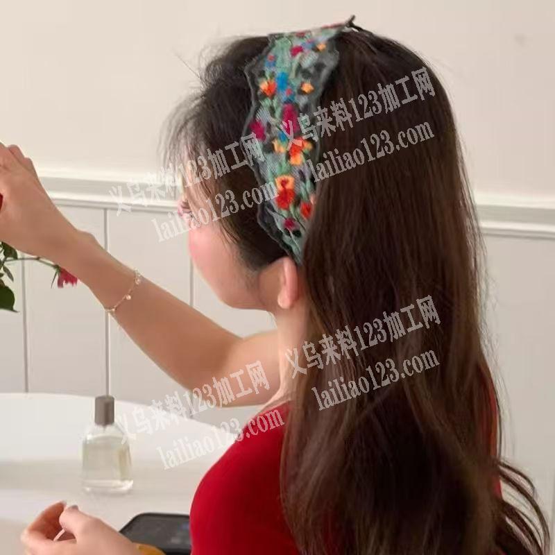 大量刺绣发箍成品订单外发，甜美花朵刺绣发